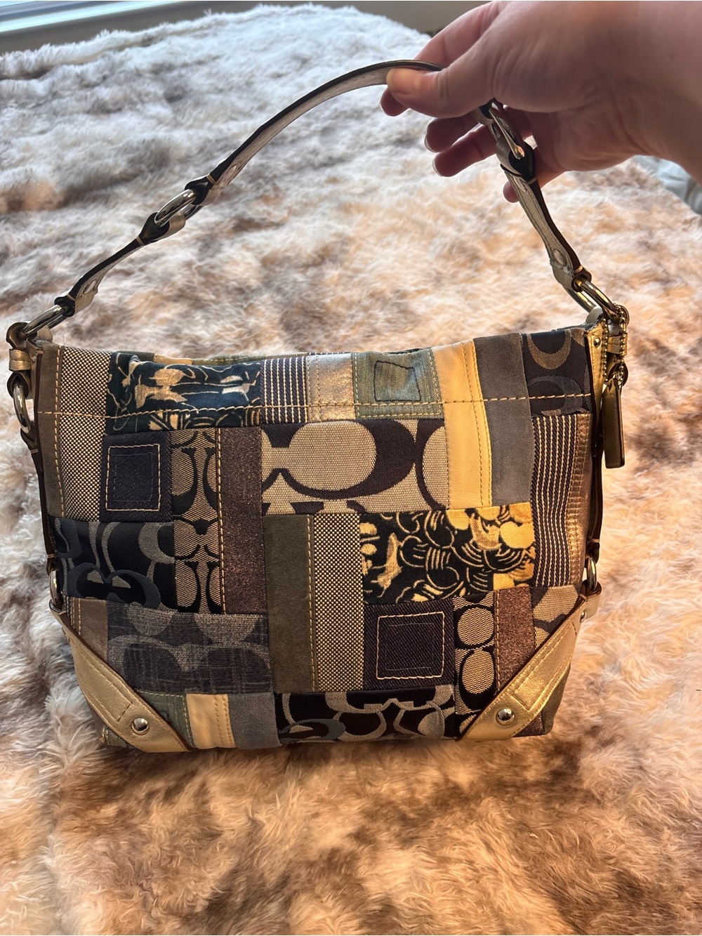 Rare Vintage Y2K Coach Patchwork denim Carly shoulder bag in blue and silver